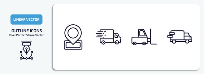 delivery and logistic outline icons set. delivery and logistic thin line icons pack included localize, fast delivery, forklift, truck vector.