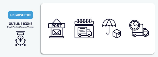 delivery and logistic outline icons set. delivery and logistic thin line icons pack included post office, delivery day, logistic umbrella, time vector.