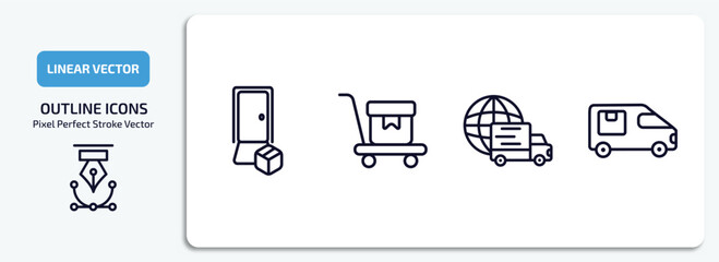 delivery and logistic outline icons set. delivery and logistic thin line icons pack included delivery door, cart, worldwide cargo bus vector.