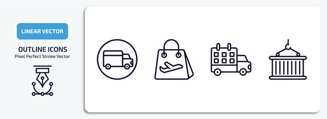 delivery and logistic outline icons set. delivery and logistic thin line icons pack included shipping, duty free, delivery schedule, container hanging vector.