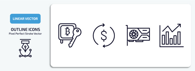 cryptocurrency outline icons set. cryptocurrency thin line icons pack included proof of stake, dollar reload, vga card, market forecast vector.