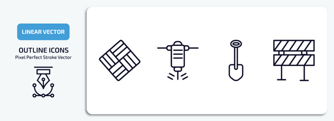 construction outline icons set. construction thin line icons pack included paver, hydraulic breaker, big shovel, barrier vector.