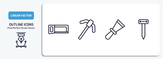 construction tools outline icons set. construction tools thin line icons pack included metal saw, gardening digger, scratcher tool, boning rod vector.