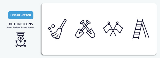 construction outline icons set. construction thin line icons pack included sweeping broom, two shovels, flags crossed, double ladder vector. - obrazy, fototapety, plakaty