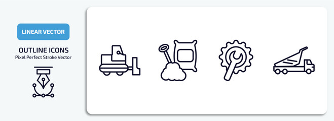 construction outline icons set. construction thin line icons pack included little snowplow, cement, wrench and gear, dump truck vector.