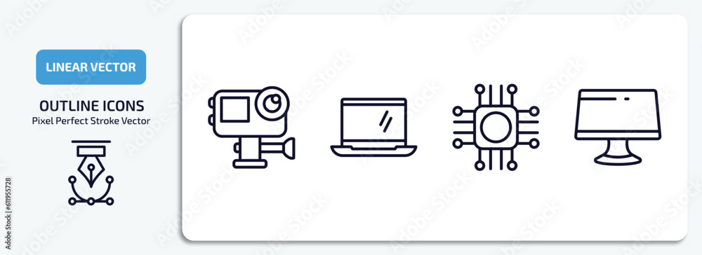 Poster computer outline icons set. computer thin line icons pack included action camera, open laptop on, co