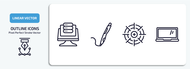 computer outline icons set. computer thin line icons pack included data page, 3d printing pen, calibrate, laptop computer screen vector.