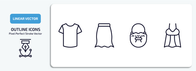 clothes outline icons set. clothes thin line icons pack included t-shirt, peplum skirt, bucket bag, draped top vector.