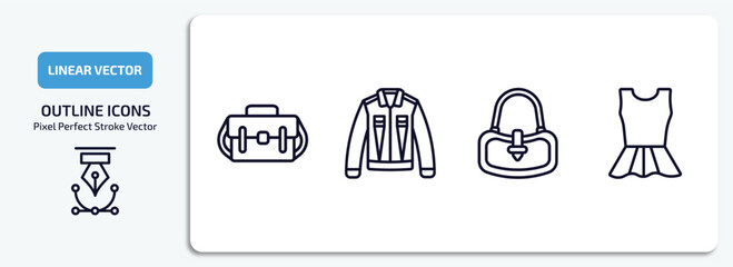 clothes outline icons set. clothes thin line icons pack included messenger bag, denim shirt, hobo bag, peplum top vector.