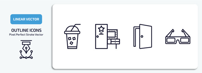 cinema outline icons set. cinema thin line icons pack included take away drink, dressing room, doorway, 3d glass vector.