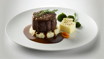 Beef steak with mashed potatoes and vegetables, mashed potatoes and beef cheeks on a white platter, Generative AI