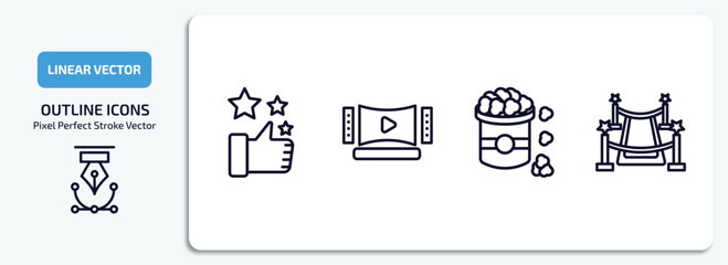 cinema outline icons set. cinema thin line icons pack included thumb up with star, home theater, popcorn bag, red carpet vector.