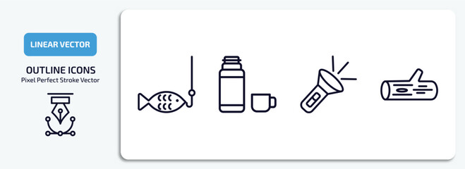 camping outline icons set. camping thin line icons pack included fishing, thermos, flashlight, log vector.