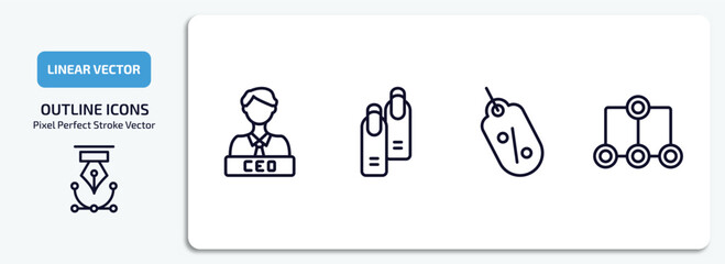 business outline icons set. business thin line icons pack included chief executive officer, nails, sale tag, item connections vector.