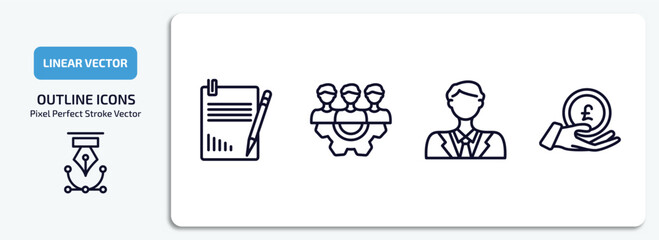 business outline icons set. business thin line icons pack included profit report, work parteners, man with solutions, pound coin on hands vector.