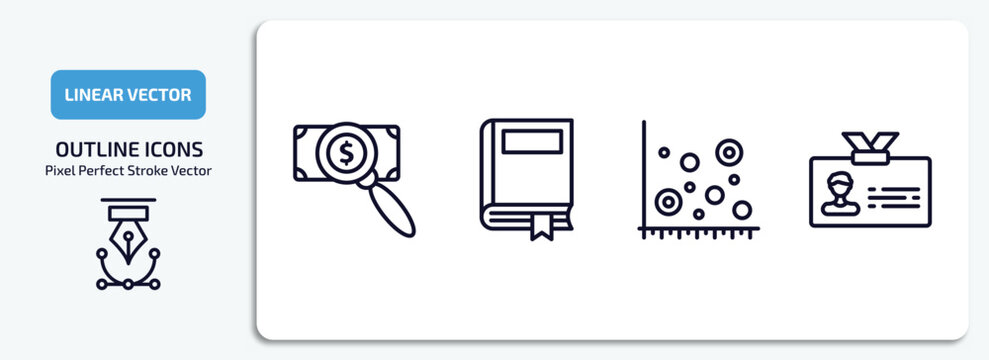 business outline icons set. business thin line icons pack included dollar business search, story, scatter chart, club card vector.