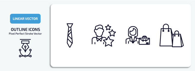business outline icons set. business thin line icons pack included black tie, expert, businesswomen, shopping bags vector.