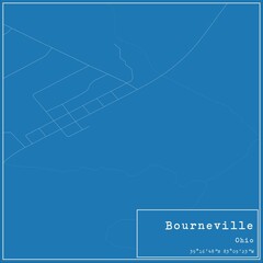 Blueprint US city map of Bourneville, Ohio.