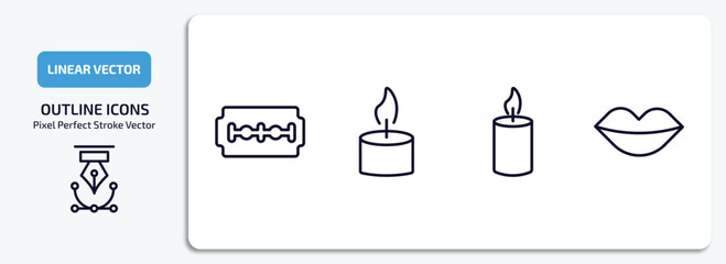 beauty outline icons set. beauty thin line icons pack included big razor blade, one candle, candle light, lips vector.