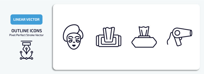 beauty outline icons set. beauty thin line icons pack included face mask, wet wipes, wipes, hairdryer facing left vector.