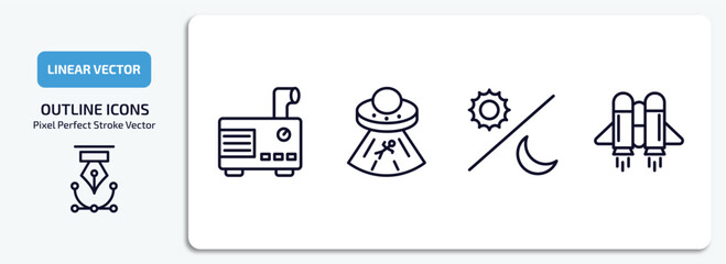 astronomy outline icons set. astronomy thin line icons pack included generator, abduction, day and night, jet pack vector.