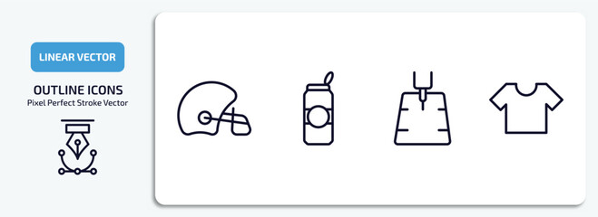 american football outline icons set. american football thin line icons pack included helmet, can of beer, american football field, black t shirt cloth vector.