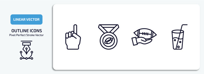 american football outline icons set. american football thin line icons pack included foam finger, football medal, hand holding the ball, soda glass with a straw vector.