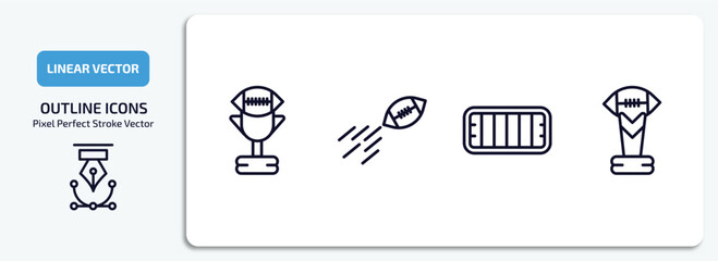 american football outline icons set. american football thin line icons pack included american football cup, ball on flight, mark, trophy vector.