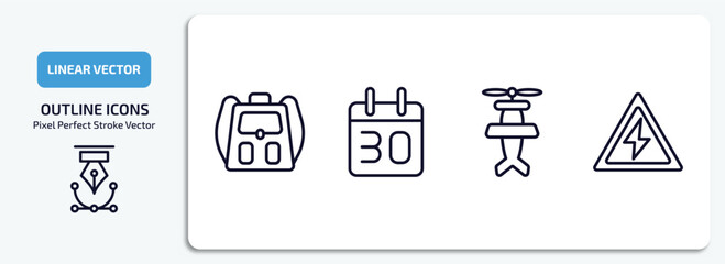 airport terminal outline icons set. airport terminal thin line icons pack included book bag with pockets, calendar day thirty, old plane, high voltage vector.