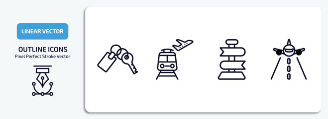 airport terminal outline icons set. airport terminal thin line icons pack included key with key chain, train to the airport, direction post, landing runway vector.