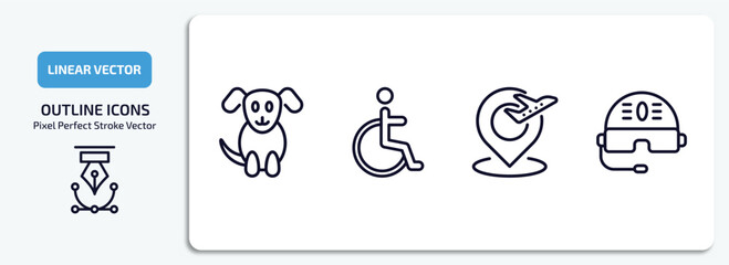 airport terminal outline icons set. airport terminal thin line icons pack included sitting dog, disable, airport placeholder, pilot helmet vector.