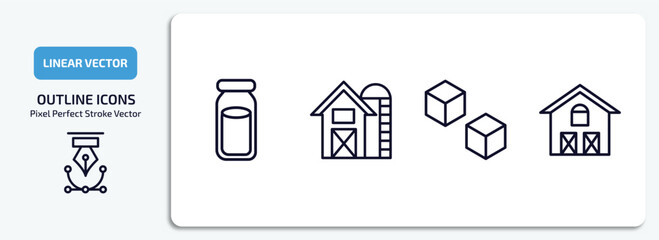 agriculture farming outline icons set. agriculture farming thin line icons pack included milk jar, farm, sugar, farm house vector.