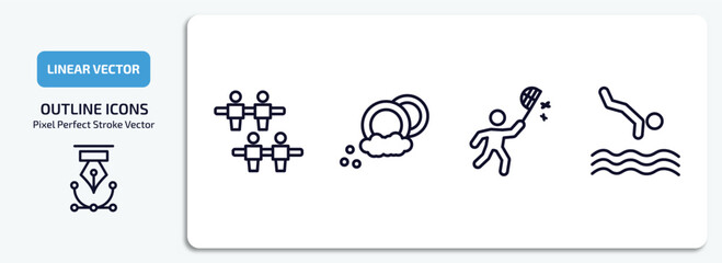 activity and hobbies outline icons set. activity and hobbies thin line icons pack included foosball, dish washing, insect collecting, jumping to the water vector.