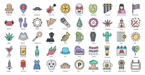 Obraz premium Mexico Line Color Icons Country Icon Set in Filled Outline Style 50 Vector Icons