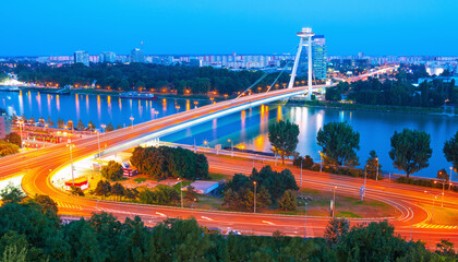 Slowakia , Bratislava. UFO, New bridge over Danube river in Bratislava, Slovakia