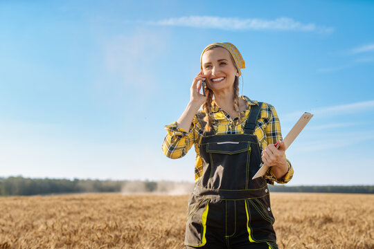 Farmer using her phone on a grain field during harvest