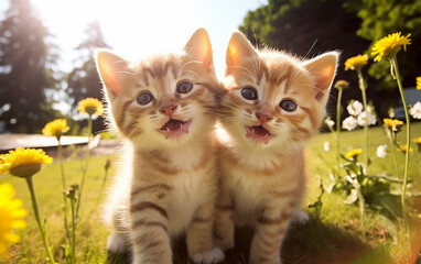 Two kittens laughing.Take a leisurely stroll in a garden full of blooming flowers. Appreciate the adorable smile of a young kitten.   Generative AI