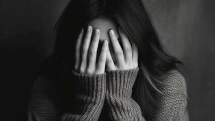 Obraz premium Woman in depression, Covers her face with her hands, Black and white photo. Generative AI.