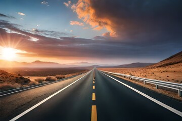 driving on highway at sunset