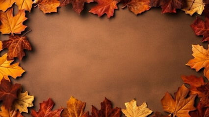 Naklejka na ściany i meble Autumn leaves frame background with falling autumn leaves and room for text. Generative AI.