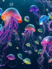 Colorful jellyfish under the sea, Generative AI Illustration.
