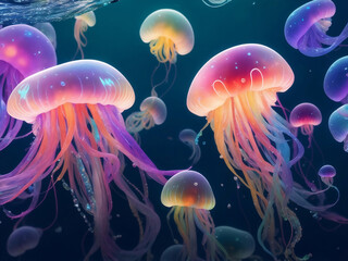 Colorful jellyfish under the sea, Generative AI Illustration.