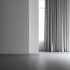 blank white large concrete texture wall as the central element, embodying a minimalist and contemporary aesthetic. A beige blackout curtain window is positioned in the composition, allowing sunlight t