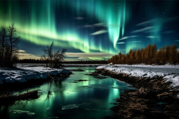 Fototapeta na wymiar Aurora landscape with northern lights, generative ai