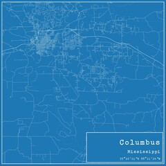 Blueprint US city map of Columbus, Mississippi.