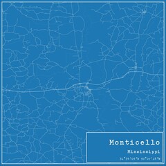 Blueprint US city map of Monticello, Mississippi.
