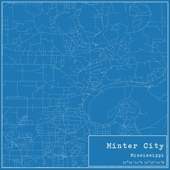 Blueprint US city map of Minter City, Mississippi.