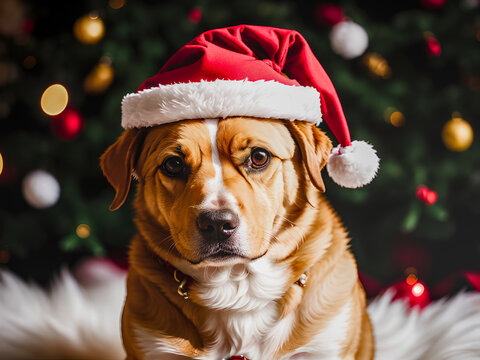 Dog wearing a santa hat. Generative AI.