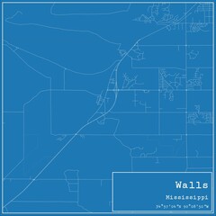 Blueprint US city map of Walls, Mississippi.