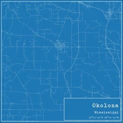 Blueprint US city map of Okolona, Mississippi.